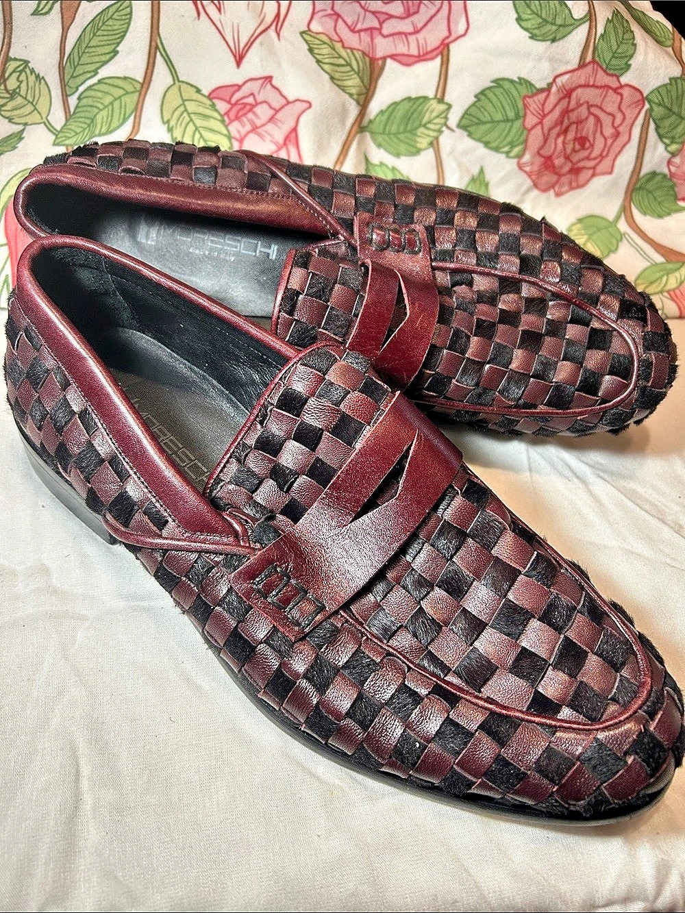 Moreschi Men's Woven Fur & Burgundy Leather Loafers EU 43 Made in Italy/No Box
